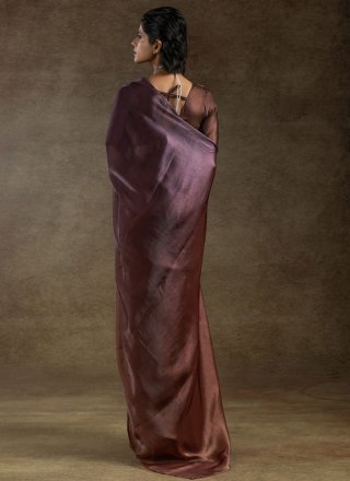 Brown and Lavender Satin Silk Classic Saree