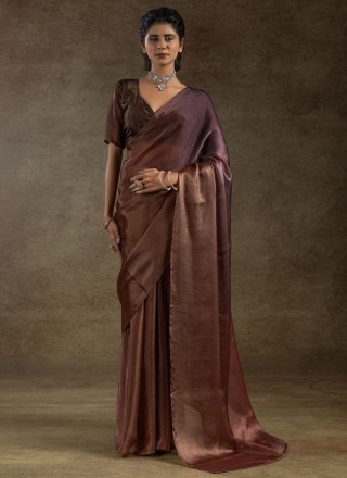 Brown and Lavender Satin Silk Classic Saree