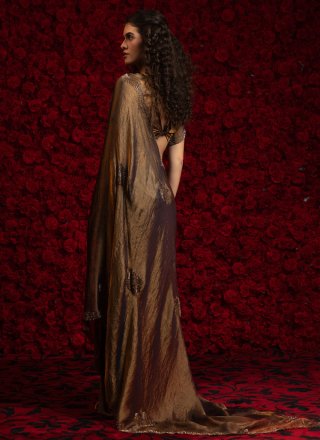 Brown and Morpeach Chiffon Satin Cut and Zircon Work Classic Sari