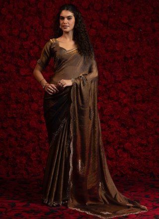 Brown and Morpeach Chiffon Satin Cut and Zircon Work Classic Sari