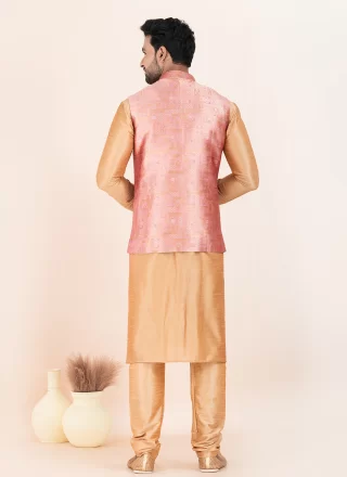 Brown and Pink Banarasi Silk Jacquard Work Kurta Payjama with Jacket for Men
