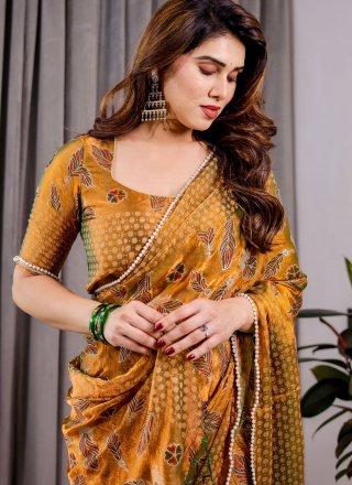 Brown and Rust Patch Border, Pearls, Weaving and Zari Work Chiffon Contemporary Saree