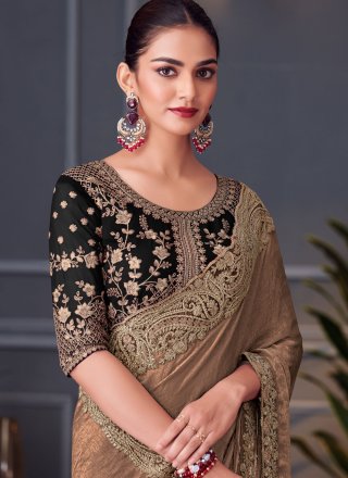 Brown and Rust Silk Trendy Saree with Patch Border, Cut, Embroidered and Zari Work for Ceremonial