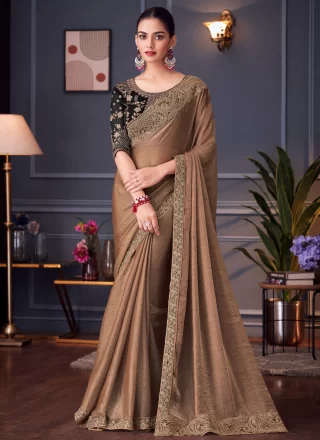 Brown and Rust Silk Trendy Saree with Patch Border, Cut, Embroidered and Zari Work for Ceremonial