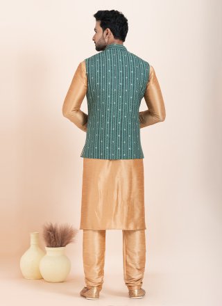 Brown and Teal Banarasi Silk Kurta Payjama with Jacket with Jacquard Work