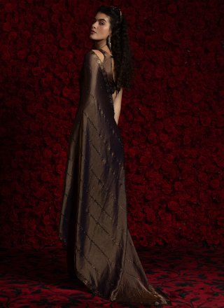Brown and Violet Satin Silk Zircon Work Traditional Saree