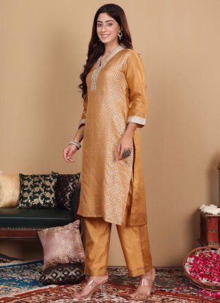 Brown and Yellow Silk Blend Embroidered, Weaving and Zari Work Salwar Suit