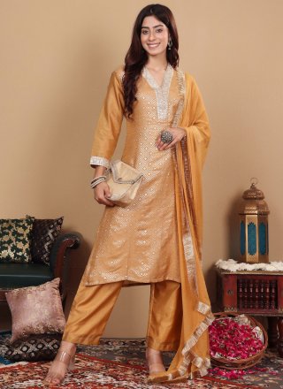 Brown and Yellow Silk Blend Embroidered, Weaving and Zari Work Salwar Suit