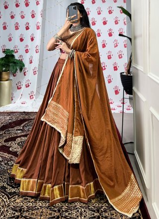 Brown Chanderi Lace, Weaving and Zari Work A - Line Lehenga Choli