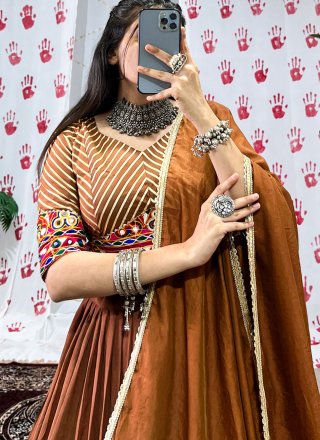 Brown Chanderi Lace, Weaving and Zari Work A - Line Lehenga Choli