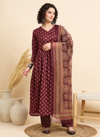 Brown Chanderi Print Work Salwar Suit