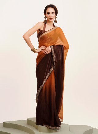 Brown Chiffon Beads and Stone Work Classic Sari for Ceremonial