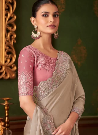 Brown Chiffon Traditional Saree with Patch Border, Embroidered and Sequins Work for Women