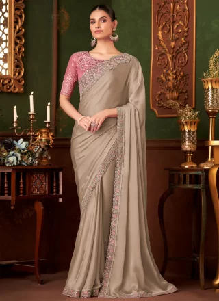Brown Chiffon Traditional Saree with Patch Border, Embroidered and Sequins Work for Women