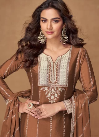 Brown Chinon Readymade Style with Embroidered Work