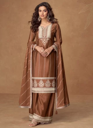 Brown Chinon Readymade Style with Embroidered Work
