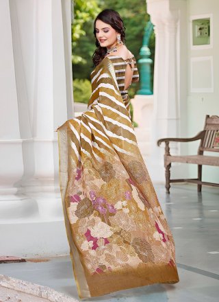 Brown Cotton Digital Print Work Contemporary Saree