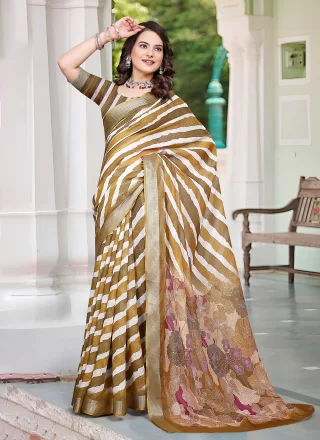 Brown Cotton Digital Print Work Contemporary Saree