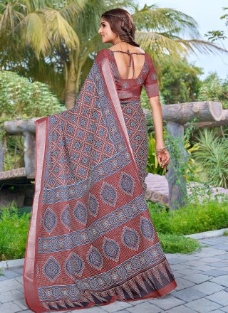 Brown Cotton Digital Print Work Contemporary Sari