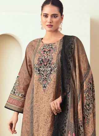 Brown Cotton Lawn Embroidered, Floral Patch, Resham and Sequins Work Salwar Suit for Ceremonial