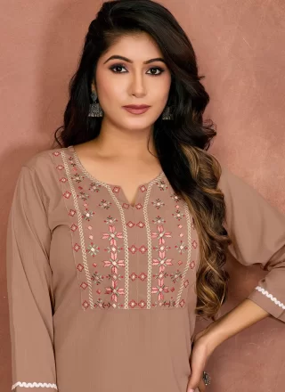 Brown Cotton Party Wear Kurti with Embroidered Work for Women