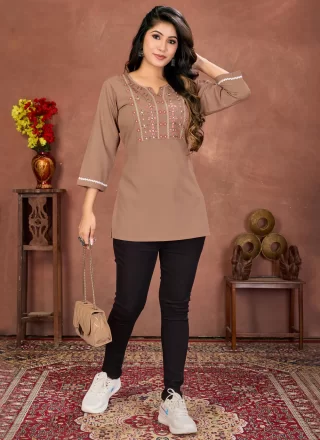 Brown Cotton Party Wear Kurti with Embroidered Work for Women