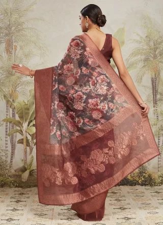 Brown Digital Print Work Jacquard Silk Classic Saree