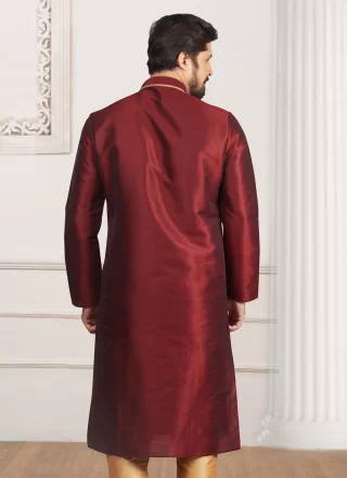 Brown Dupion Silk Kurta Pyjama with Embroidered Work