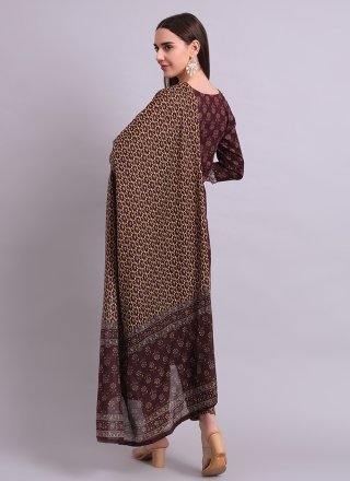 Brown Embroidered and Print Work Cotton Salwar Suit