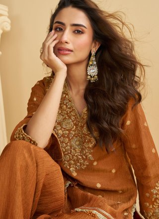 Brown Embroidered Work Chinon Palazzo Salwar Suit