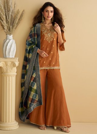 Brown Embroidered Work Chinon Palazzo Salwar Suit