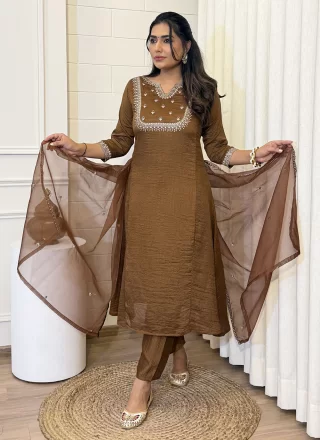 Brown Embroidered Work Vichitra Silk Salwar Suit