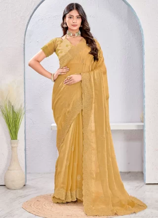 Brown Fandy Embroidered and Zari Work Classic Saree