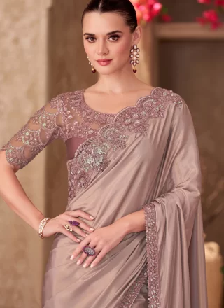 Brown Faux Chiffon Contemporary Sari with Patch Border, Embroidered and Lace Work