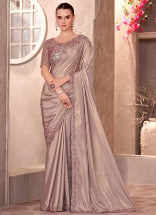 Brown Faux Chiffon Contemporary Sari with Patch Border, Embroidered and Lace Work