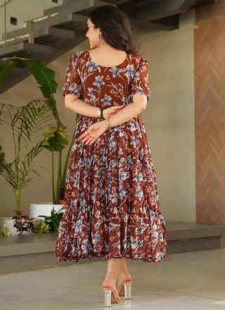 Brown Faux Georgette Gown with Floral Patch and Print Work