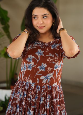 Brown Faux Georgette Gown with Floral Patch and Print Work