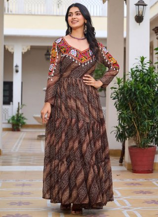 Brown Faux Georgette Gown with Gamthi, Mirror and Print Work