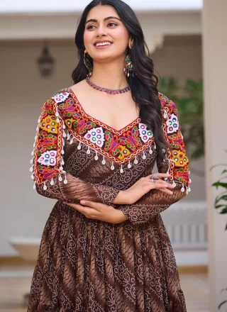 Brown Faux Georgette Gown with Gamthi, Mirror and Print Work