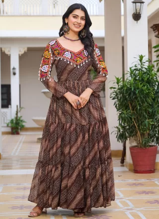 Brown Faux Georgette Gown with Gamthi, Mirror and Print Work