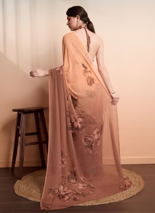 Brown Georgette Contemporary Sari with Print Work