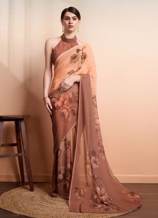 Brown Georgette Contemporary Sari with Print Work
