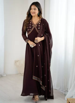 Brown Georgette  Designer Gown with Embroidered Work