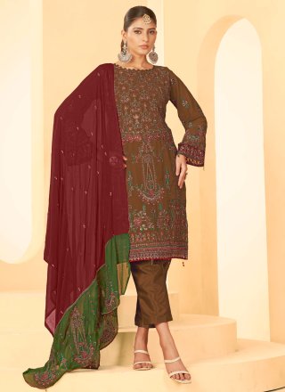 Brown Georgette Embroidered, Stone and Zari Work Salwar Suit