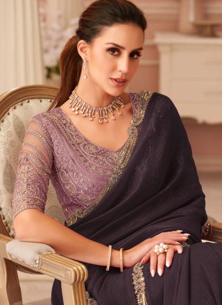 Brown Georgette Patch Border and Lace Work Trendy Saree for Ceremonial