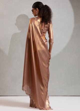 Brown Georgette Satin Cut, Hand and Zircon Work Trendy Saree for Ceremonial
