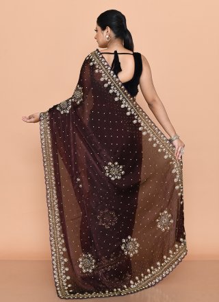 Brown JIMMY CHU Hand Work Contemporary Saree for Women