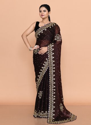 Brown JIMMY CHU Hand Work Contemporary Saree for Women