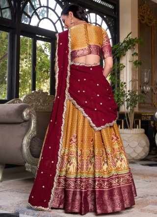 Brown Kanchipuram Silk Lehenga Choli with Print, Weaving and Zari Work for Festival