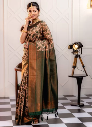 Brown Kanjivaram Silk Zari Work Trendy Saree for Ceremonial